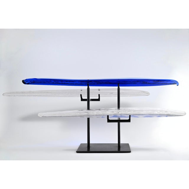 Terje Lundaas Blue & White Glass Sculpture With Engravings on Tri-Level Stand, Large 31" Wide, Etch Signed - Set of 4 For Sale In Washington DC - Image 6 of 12