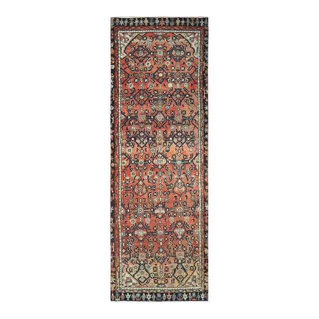 1960s Sunset Colors, Hand Knotted Vintage Persian Hamadan With Fish Repetitive Design, Distressed Wool, Wide Runner Rug For Sale