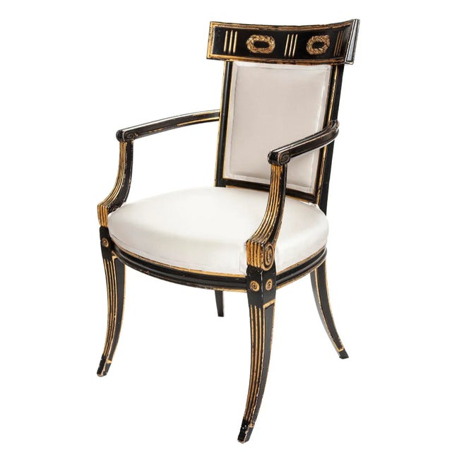 19th Century Early 19th Century Italian Regency Style Ebony & Gilt Armchairs in European Silk - a Pair For Sale - Image 5 of 13