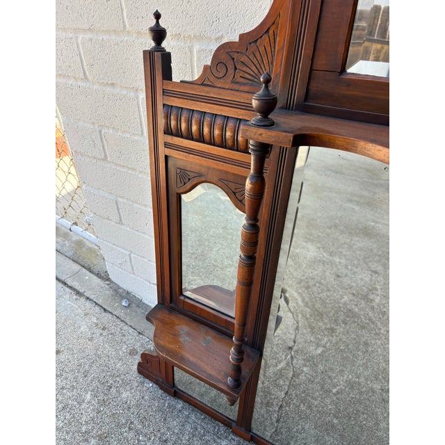 Wood Antique Victorian or Eastlake-Style Carved Wood Overmantel Mirror Featuring Multiple Bevelled Glass Panels and Display Shelves For Sale - Image 7 of 9