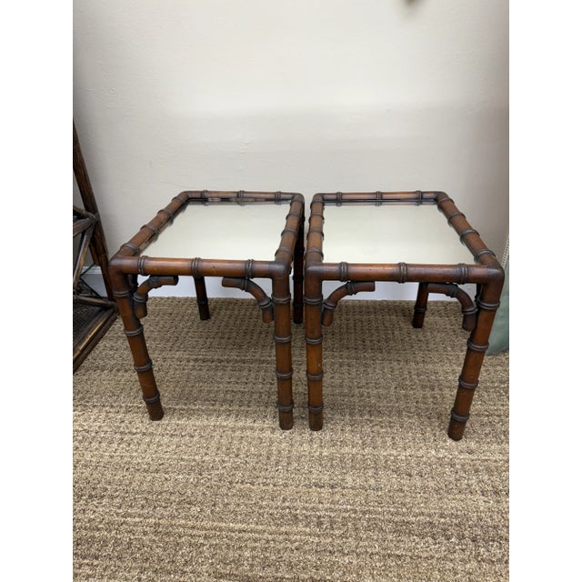 1970s Vintage Italian Faux Bamboo Side Tables With Mirrored Glass Surfaces, a Pair For Sale In Orlando - Image 6 of 8