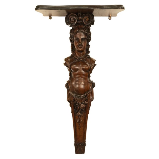 Wood Antique 19thC Italian Carved Walnut Renaissance Revival Pair Caryatid Brackets, Circa 1850 For Sale - Image 7 of 15