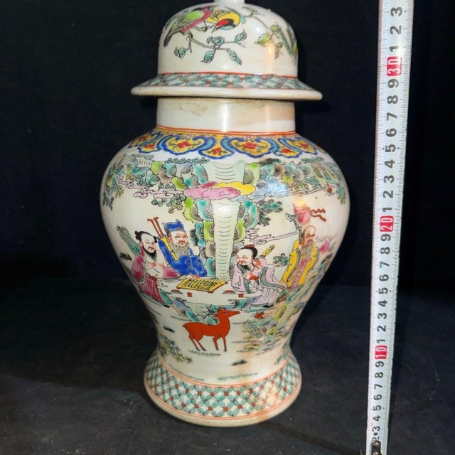 Chinese Pair of Chinese Famille Rose Porcelain Figural General Jars With Lids For Sale - Image 3 of 9