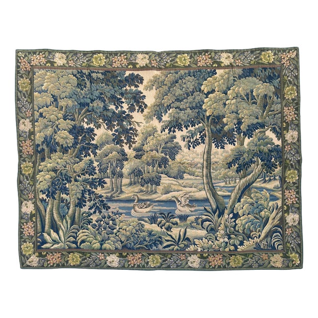 Mid-Century French Jacquard Halluin Tapestry with Verdure Mallard in the style of Aubusson, 1960s For Sale