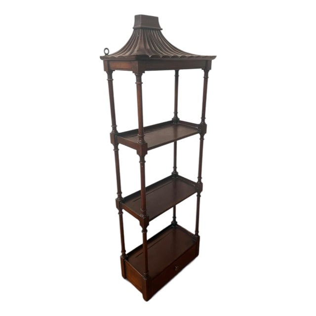 Late 20th Century Asian-Inspired Pagoda Top Wall-Mounted Hanging Étagère / Display Shelf in Mahogany With Drawer For Sale