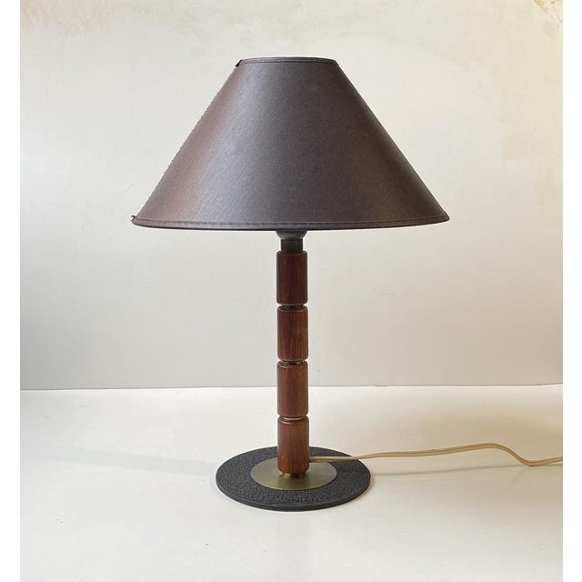 Swedish Modern Teak and Brass Table Lamp with Black Shade For Sale - Image 10 of 10