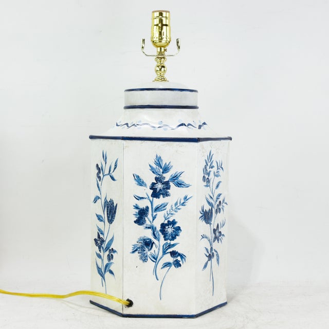 Pair of Vintage Blue and White Hand-Painted Hexagon Tole Tea Caddy Table Lamps For Sale - Image 10 of 11