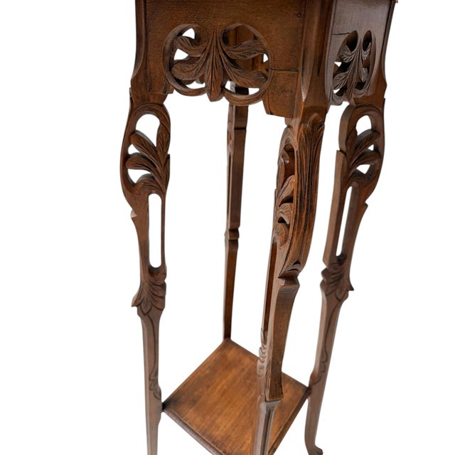 Wood Art Nouveau Pedestal Plant Stand in Hand-Carved Beech & Marble, 1900s For Sale - Image 7 of 10