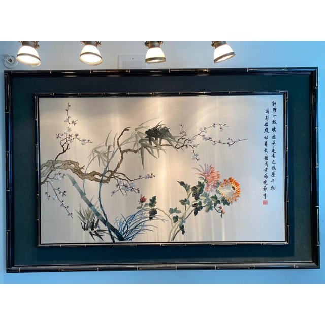 Traditional hand-sewn Canton, China 1981 silk embroidery picture with old Chinese script about flowers and the four...