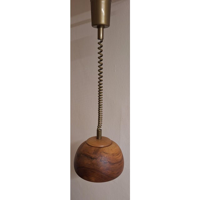 Vintage Height-Adjustable Ceiling Lamp with Teak Shade on a Plastic Mount, 1970s For Sale - Image 4 of 7