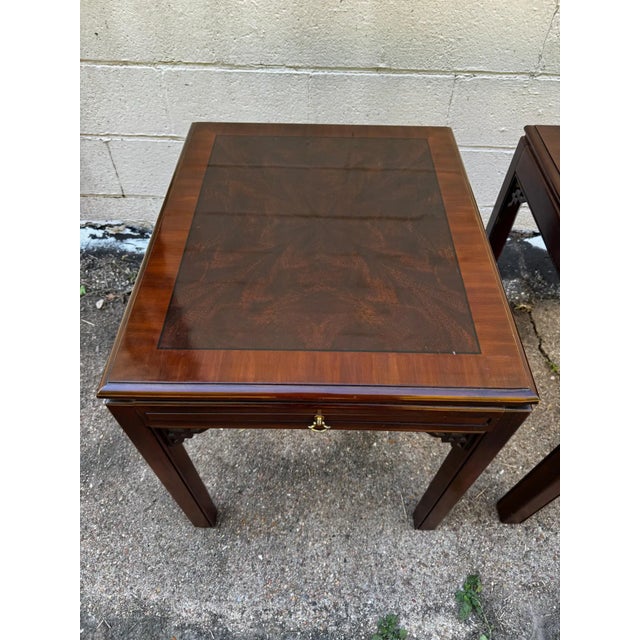 Late 20th Century Pair of Mahogany Chinese Chippendale Style End Tables With Writing Surfaces For Sale - Image 4 of 8