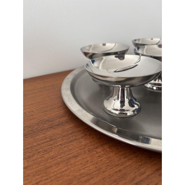 Vintage Sorbet Bowl with Serving Tray in Stainless Steel, 1970s, Set of 7 For Sale - Image 6 of 9