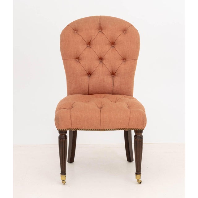 Edward Ferrell Victorian Style Button-Tufted Red Fabric Upholstered Slipper Chair, with riveted brass nailhead details...