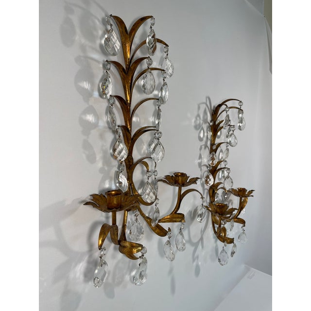 Hollywood Regency Vintage Mid Century 19" Italian Gilded Tole and Crystals Candle Sconces - A Pair For Sale - Image 3 of 18