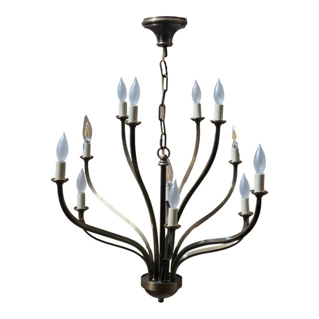 Sleek Modern Patinated Brass 12 Arm Chandelier Attributed to Hart Associates For Sale