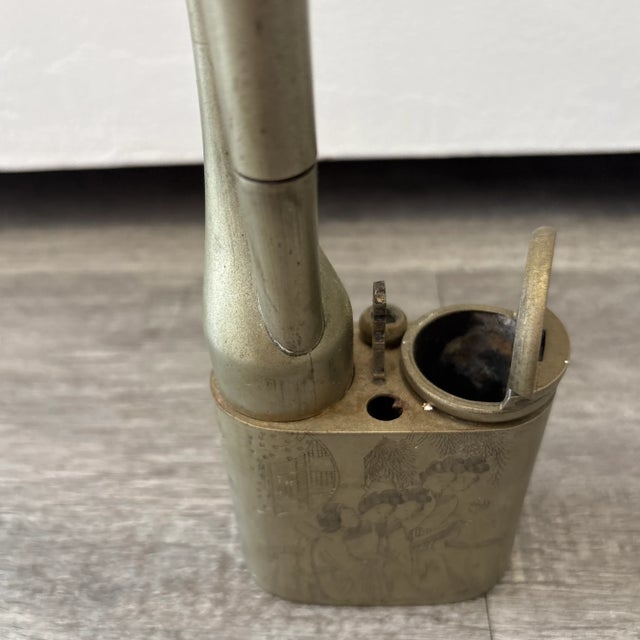 Chinese Antique Early-20th-Century Chinese Brass Water Pipe | 13.5″ Engraved Women & Script | Tobacco/Opium Style For Sale - Image 3 of 12