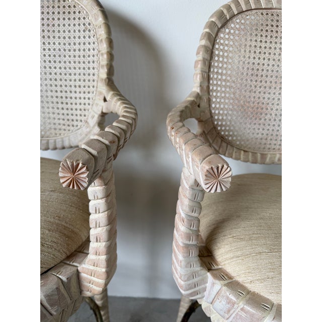 Vintage Carved Wood & Cane Swivel Bar Stools – A Pair For Sale In Miami - Image 6 of 12