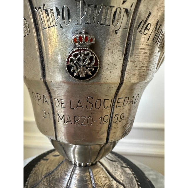 Fabulous Spanish Silver Metal Shooting Trophy with Fitted Lid on Black Wood Plinth, dating to March 31, 1959 Madrid....