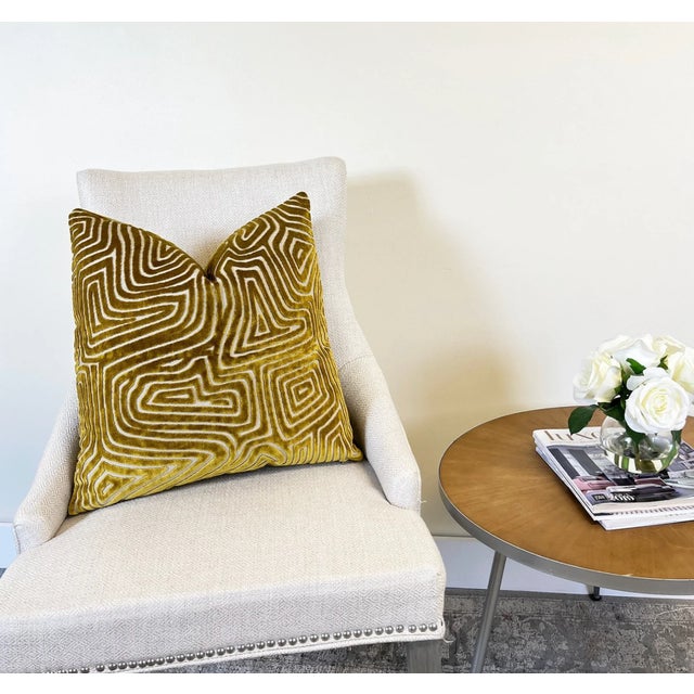 Contemporary Gold Maze Velvet Throw Pillow With Feather Down Insert For Sale - Image 3 of 6