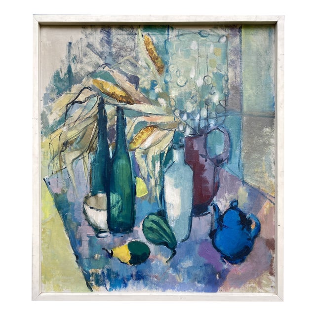 European School, Still Life with a Blue Teapot, 1950s, Oil on Canvas For Sale