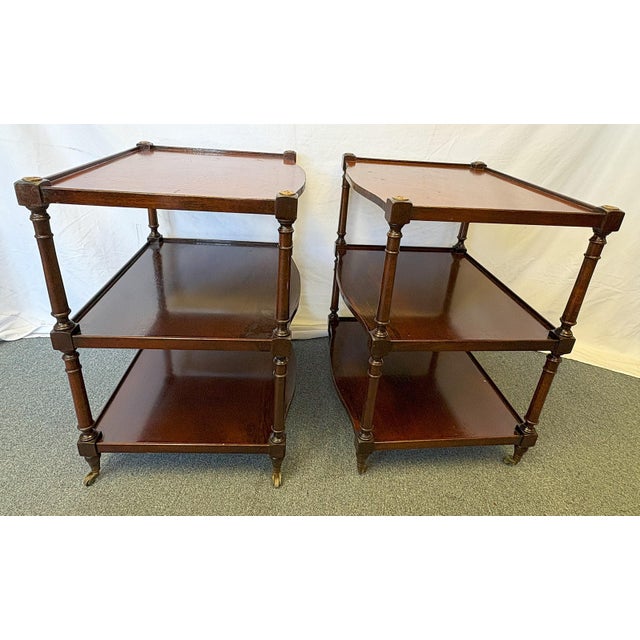 Mid 20th Century Vintage Regency Style Wood Three Tiered Library Side Tables on Casters- A Pair For Sale - Image 5 of 18
