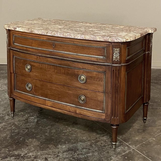 Early 20th Century Antique French Louis XVI Neoclassical Marble Top Walnut Commode For Sale - Image 5 of 16