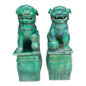 A Pair of Large Chinese Foo Dog Garden Statues in Green Glaze
