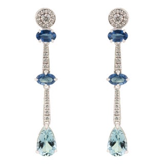 Modern 1.02ct Sapphire Aquamarine Diamond Linear Drop Earrings in 14k Gold- A Pair For Sale