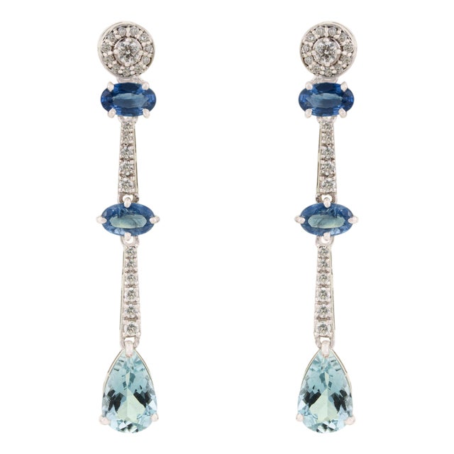 Modern 1.02ct Sapphire Aquamarine Diamond Linear Drop Earrings in 14k Gold- A Pair For Sale