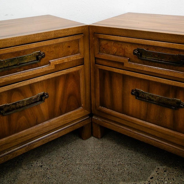 Brown 1960s Mid Century Modern American Set of Two Light Walnut Nightstands by Unagusta 2 Drawer For Sale - Image 8 of 12