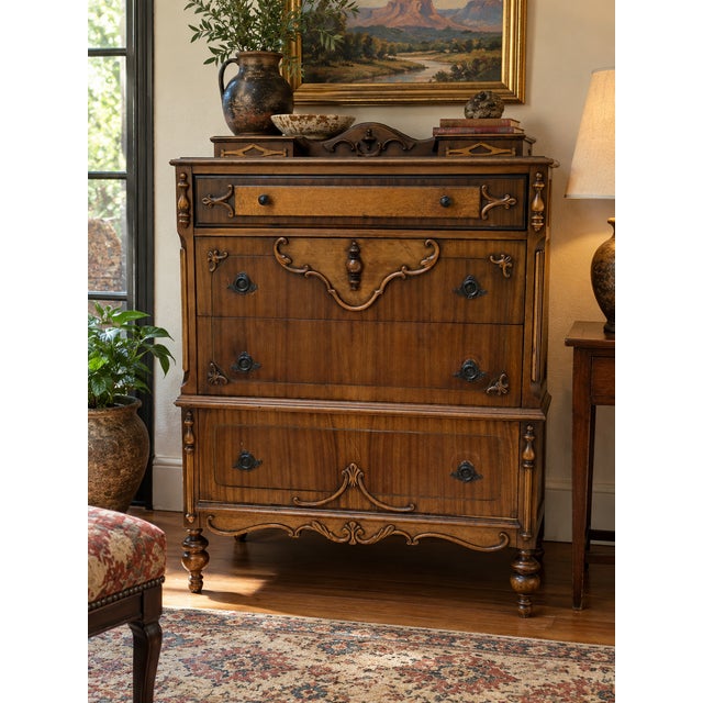 Antique Victorian Revival Chiffonier High Chest With Ornate Scrollwork, Circa 1910 For Sale - Image 17 of 17