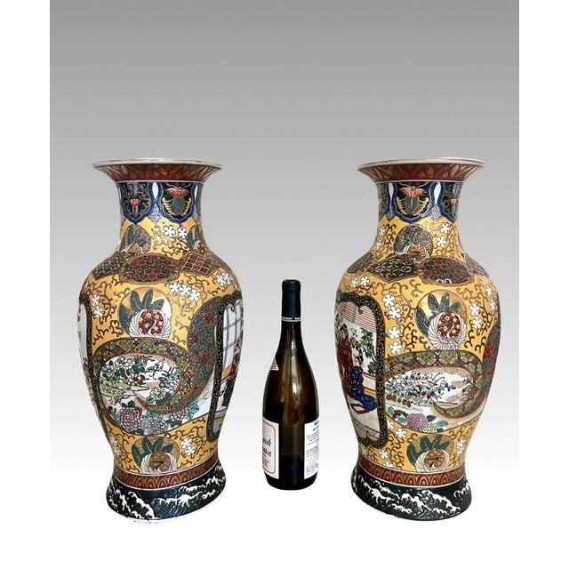 Satsuma Vintage Yellow, White and Black Satsuma Enamelled Porcelain Vases, a Pair, Signed For Sale - Image 4 of 10