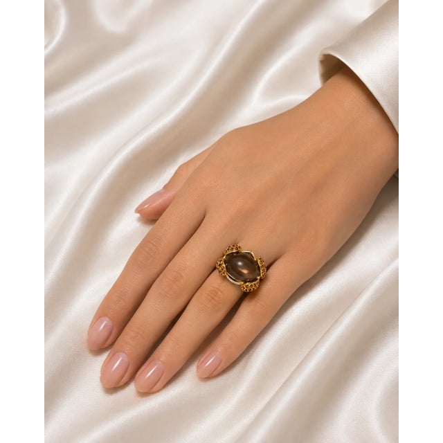 Art Deco 14K Yellow Gold Diamond Cabochon Smokey Quartz Sapphire Ring For Sale - Image 3 of 3