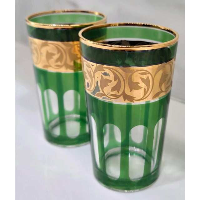 French Vintage French VMC Reims Emerald Green & Gold Floral Highball Glasses, Pair For Sale - Image 3 of 7