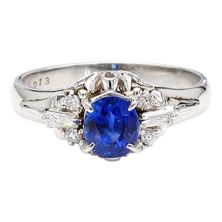 Vintage 0.97 Carat Oval Blue Sapphire & Diamond Filigree in Platinum Floral Ring, Size 5.75 For Sale