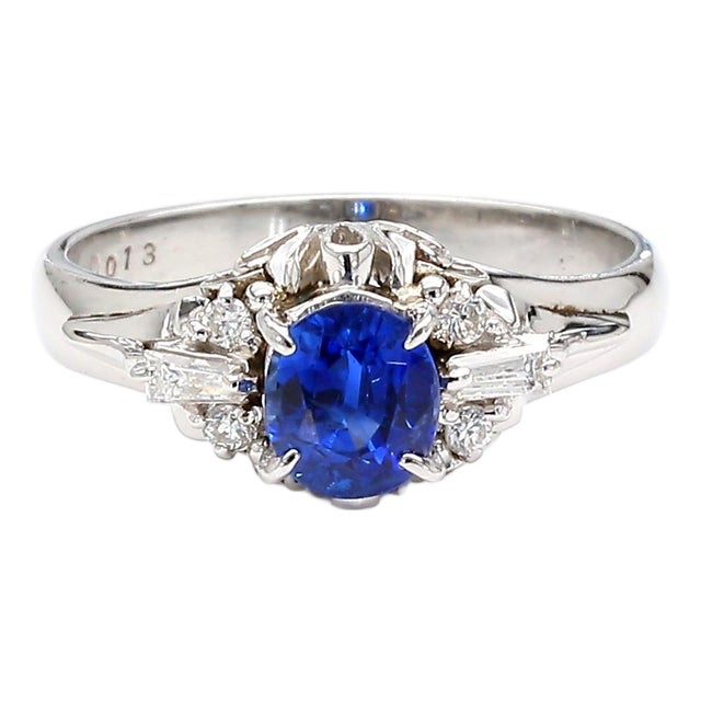 Vintage 0.97 Carat Oval Blue Sapphire & Diamond Filigree in Platinum Floral Ring, Size 5.75 For Sale