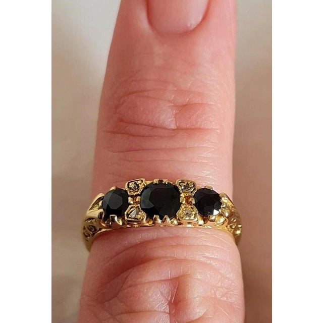 Vintage 18ct Yellow Gold Sapphire and Diamond Three-Stone Ring, 1976 For Sale - Image 9 of 10