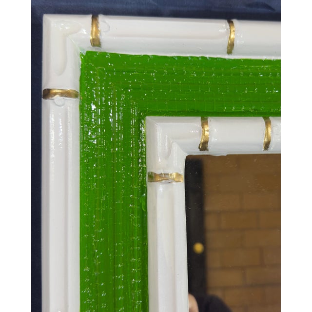 Dorothy Draper Vintage Palm Beach Regency Faux Bamboo Wall Mirror - Green and White With Gold Accents - Newly Painted For Sale - Image 4 of 7