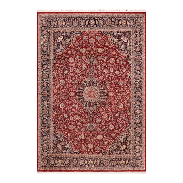 Traditional Kazveen Pak-Persian Red/Blue Wool&Silk Rug - 10'1'' X 14'1'' For Sale