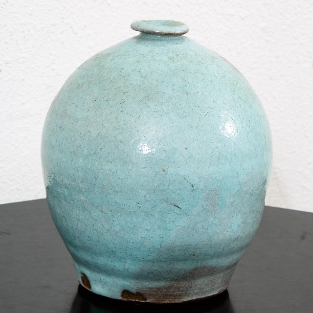 Ceramic Mid Century Modern Round Vase Pot Teal Glaze Studio Ceramic Blue Weed Vintage For Sale - Image 7 of 12