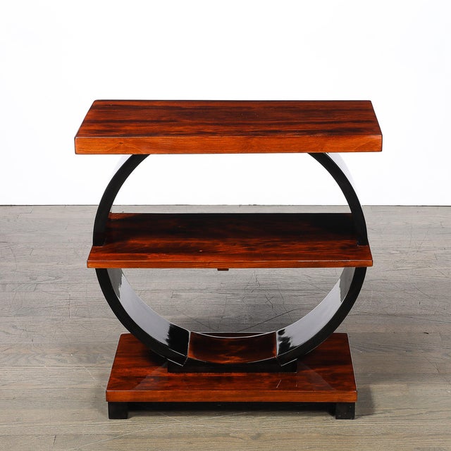 Art Deco Machine Age 3-Tier Walnut Side Table W/ Black Lacquer Round Support For Sale - Image 9 of 14