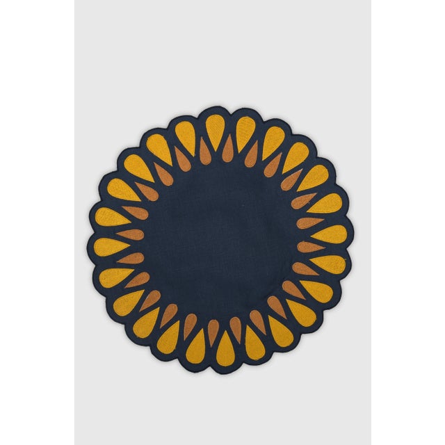 DROPS Off Navy/Mustard Embroidered Linen Placemat from Los Encajeros For Sale - Image 4 of 4