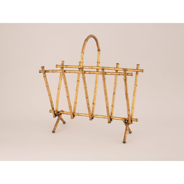 Mid 20th Century Faux Bamboo Gold Iron Magazine Rack For Sale - Image 4 of 7