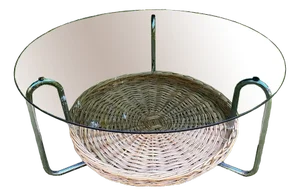 Round Glass Coffee Table with Wicker Magzine Rack, 1960s