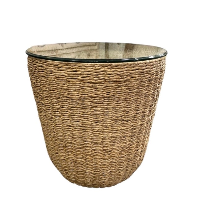 Handcrafted Woven Seagrass Drum Side Table With Glass Top For Sale - Image 4 of 12