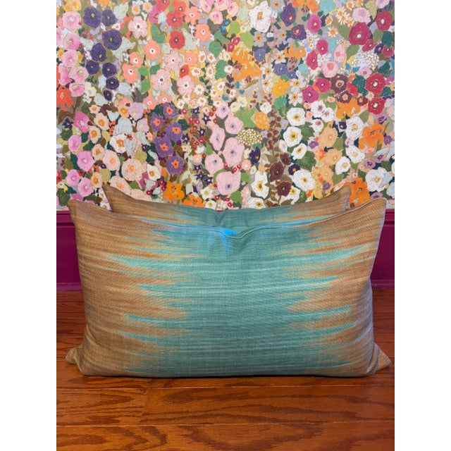 Pair of 14x24 Carlton v Ankara Ikat Teal/Bronze Double Sided Pillows. In new condition, comes with inserts.