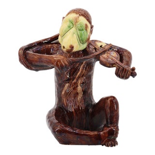 19th Century Monkey Playing Violin, Portuguese Palissy Ware For Sale