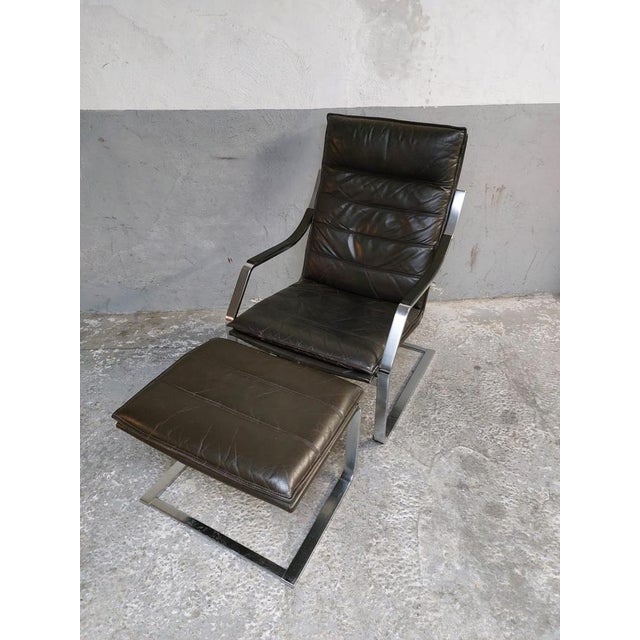 Set of Lounge Chair and Footrest in Dark Brown Leather and Chrome by Rudolph Glatzl for Walter Knoll, Germany, 1970s For Sale - Image 5 of 18