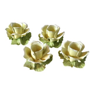 Hand Painted Vintage Artisan Yellow Rose Flower Porcelain Candleholders - Set of 4 For Sale