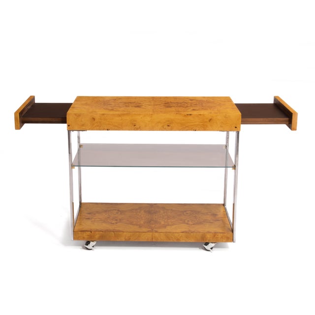 Lane Olive Burl Bar Cart After Milo Baughman Roland Carter Mid Century For Sale - Image 9 of 18